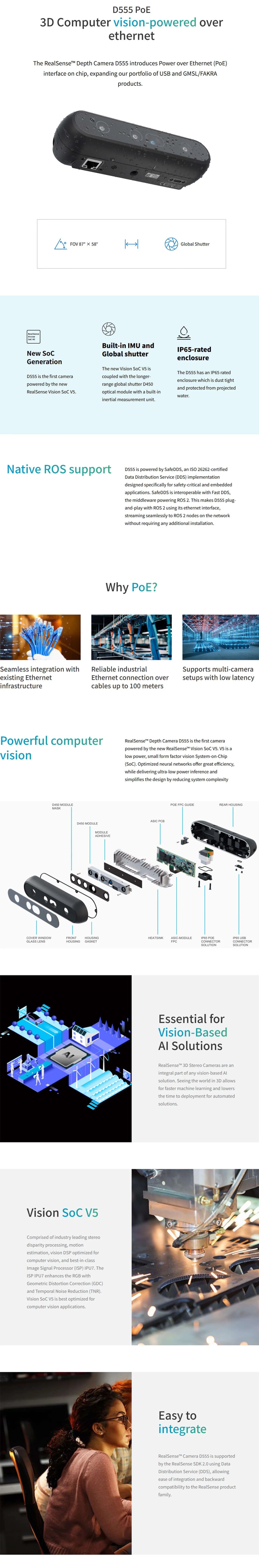 Intel RealSense D555 PoE Stereo Depth Camera for Robotics and Industrial AI