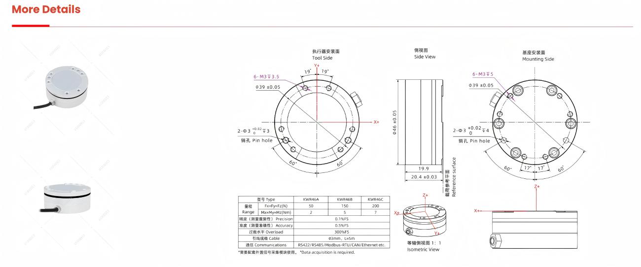 Kunwei KWR46 Series Sensor | Force Sensor for Robotics & Automation detail image 2
