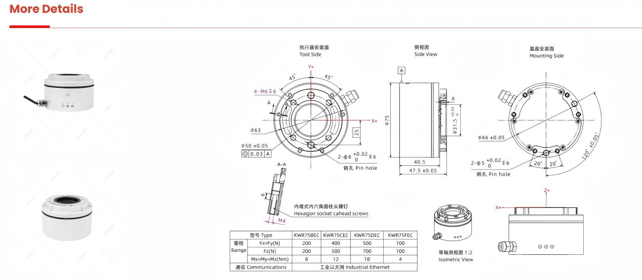Kunwei KWR75EC Series Sensor | Force Sensor for Robotics & Automation detail image 2