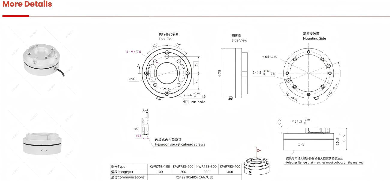 Kunwei KWR75S Series Sensor | Force Sensor for Robotics & Automation detail image 2