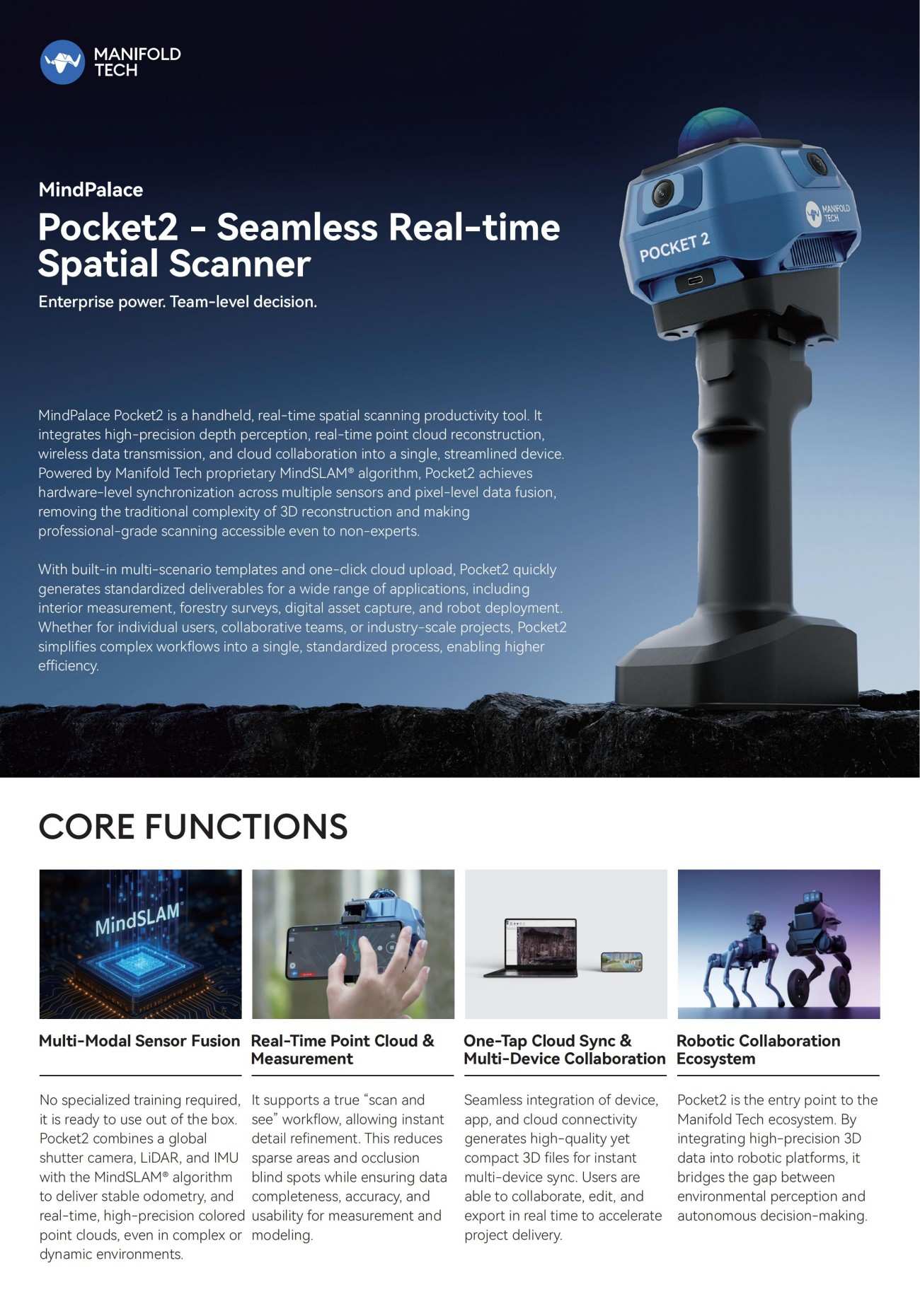 MANIFOLD TECH MindPalace Pocket 2 Handheld 3D Spatial Scanner with MindSLAM