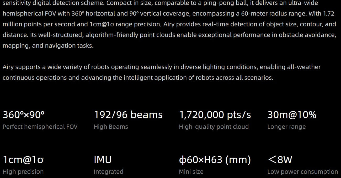 RoboSense Airy LiDAR | Robot LiDAR Sensor for Robotics & Mapping detail image 2