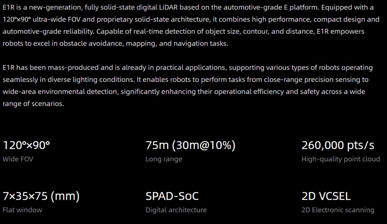 RoboSense E1R LiDAR | Robot LiDAR Sensor for Robotics & Mapping detail image 2