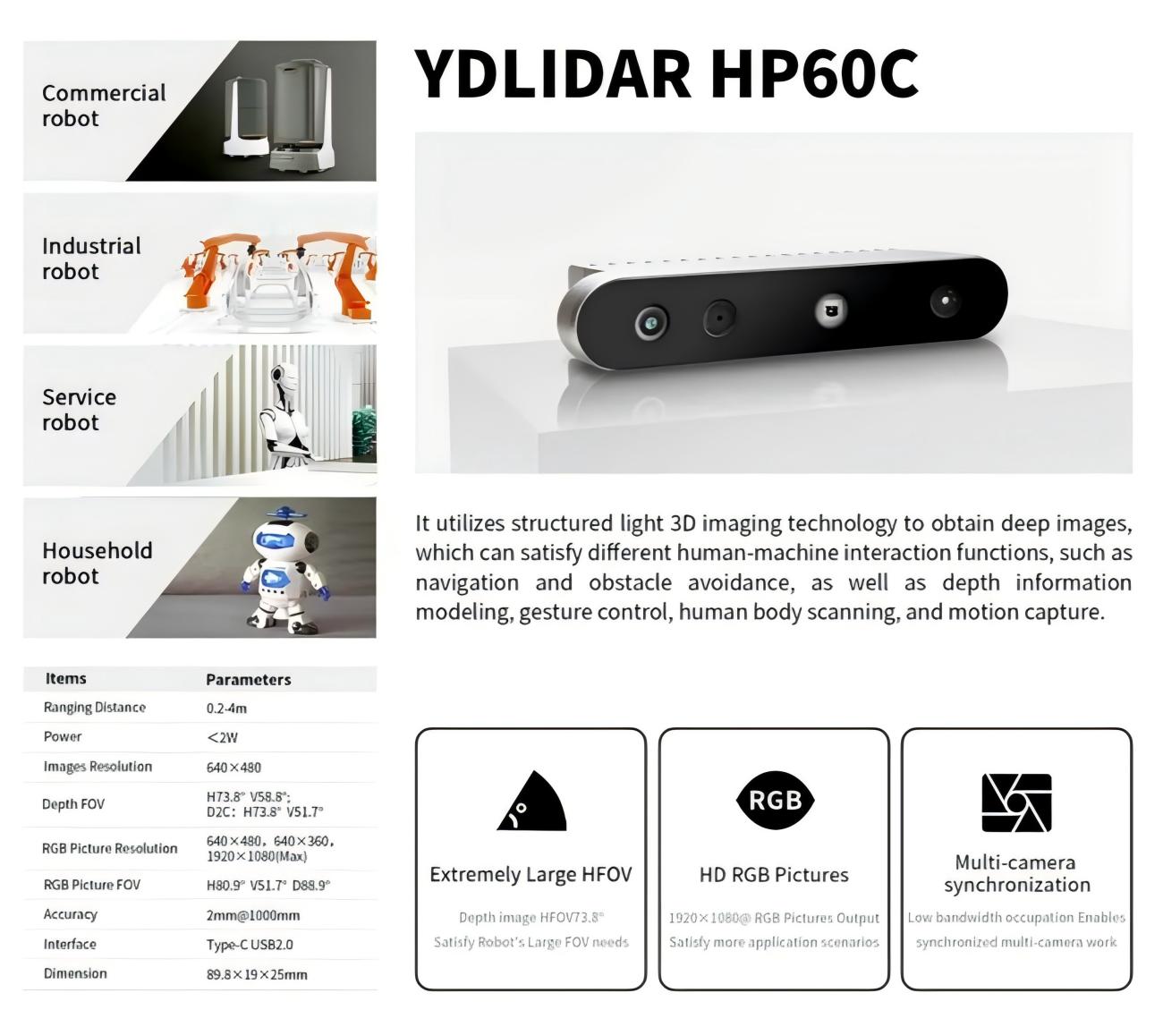 YDLIDAR HP60C CAMERA | Robot Camera for Robotics & Mapping detail image 1